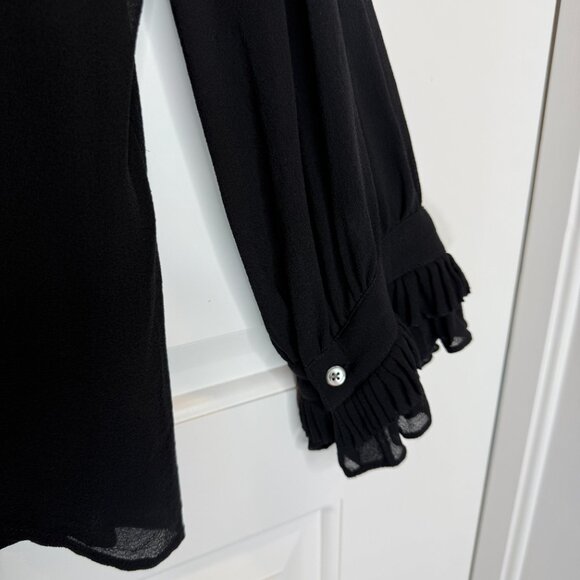 DKNY Black Silk Ruffle Front Blouse Size 6 Sheer Long Sleeve Top - Picture 10 of 12